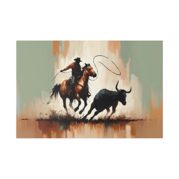 Cowboy on horseback lassoing a bull.