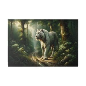 White tiger walking on a forest path.