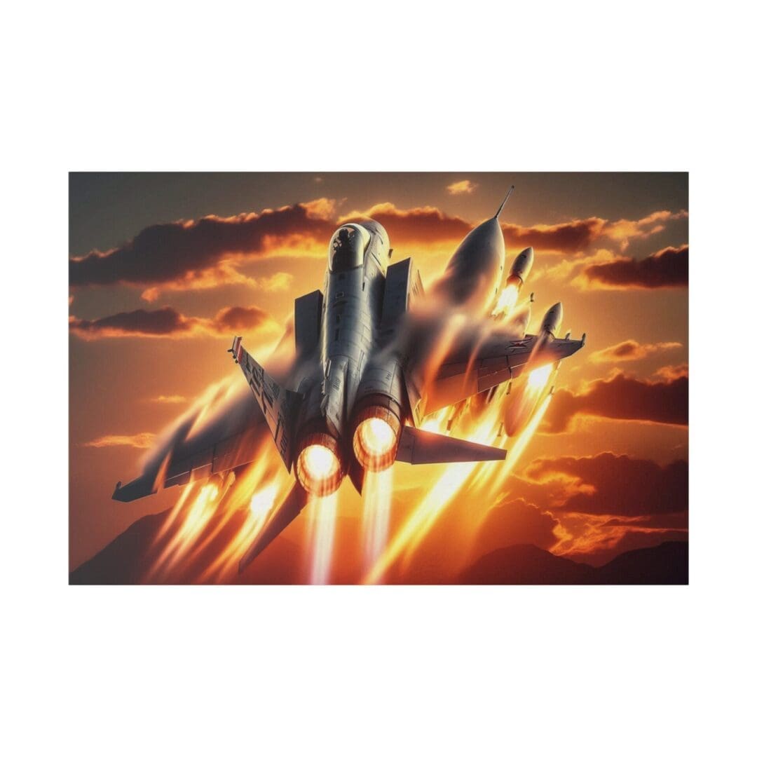 Jet flying with fiery sunset background.