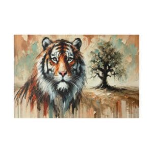 Painting of a tiger with a tree in the background.