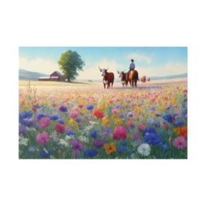 Cowboy riding through field of wildflowers.