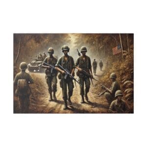US soldiers marching through jungle.