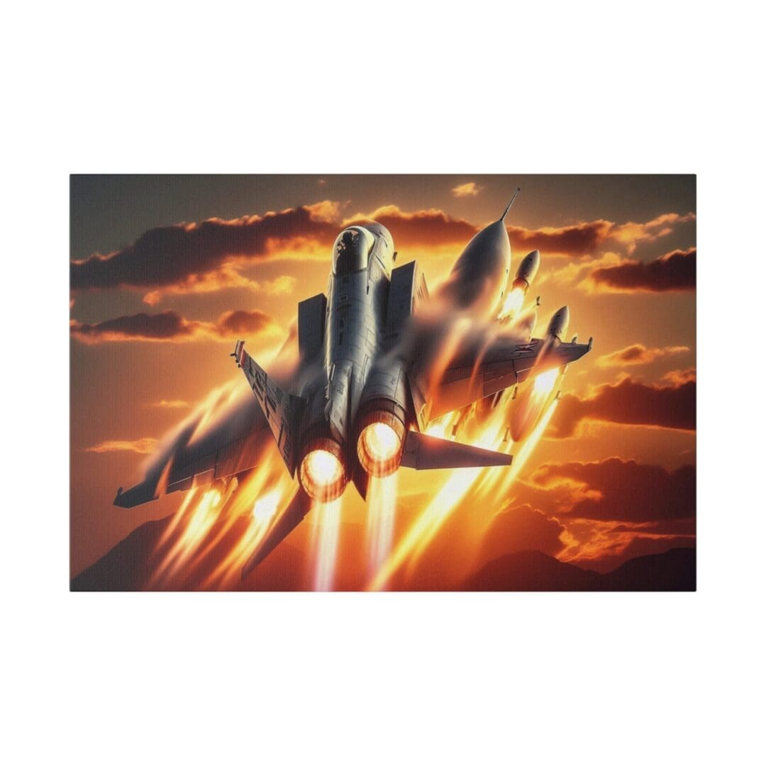 Fighter jet soaring against fiery sunset.