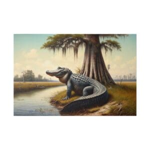 Alligator basking near water and tree.