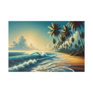 Sunrise on a tropical beach with palm trees.
