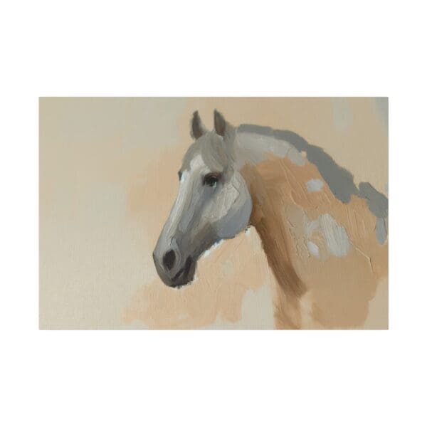 Painting of a grey and brown horse's head.