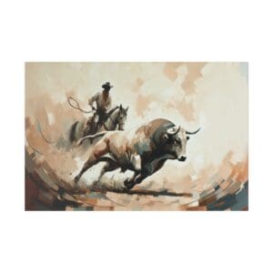 Cowboy chasing bull on horseback painting.