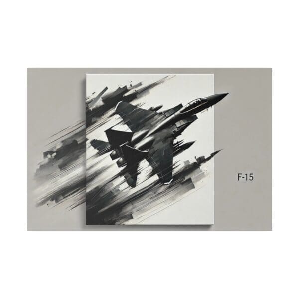 Black and white painting of an F-15 fighter jet.