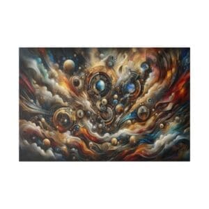 Abstract cosmic scene with swirling celestial elements.