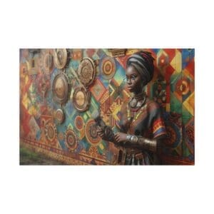 Woman standing by colorful, patterned wall.