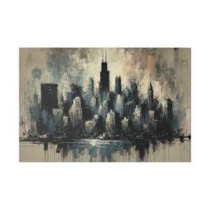 Abstract painting of a city skyline.