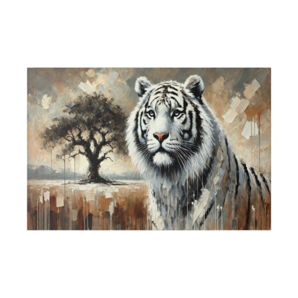 White tiger portrait with tree in background.