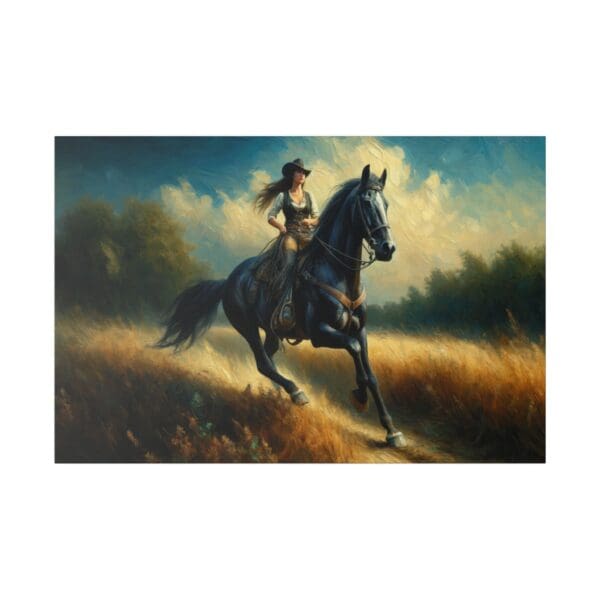 Cowgirl riding black horse through field.