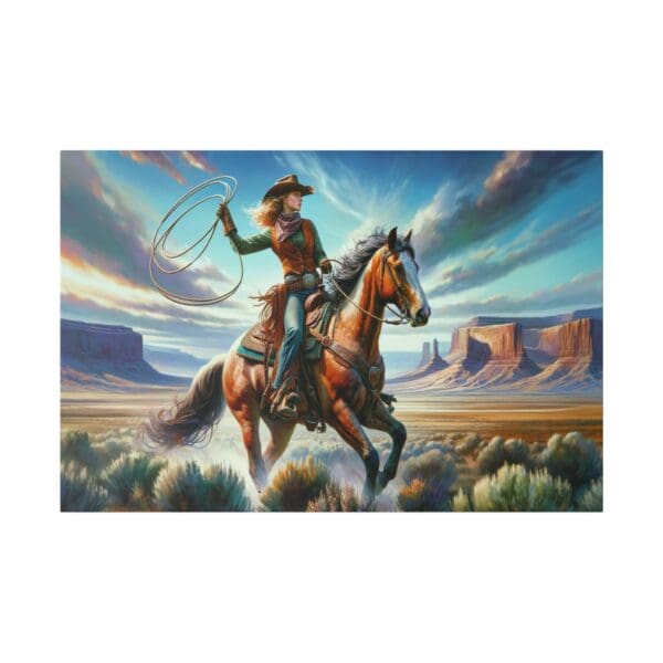 Cowgirl riding a horse in a desert landscape.