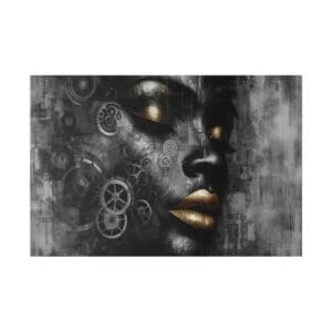 Abstract face with gears and gold lips.
