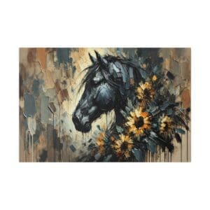 Black horse portrait with sunflowers.