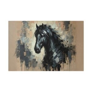 Abstract painting of a black horse's head.