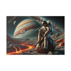 Astronaut sits on a rock with Jupiter in the background.
