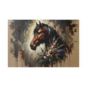 Horse portrait with floral wreath, oil painting.