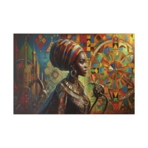 Woman in colorful attire with geometric background.