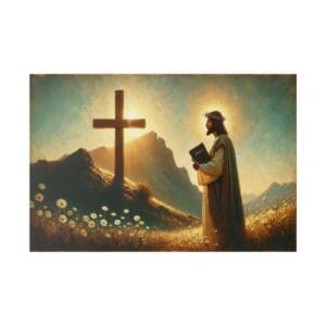 Jesus standing with a cross and bible.