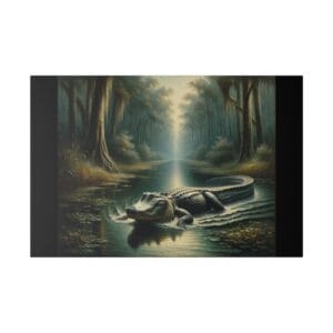 Alligator in swampy forest scene.