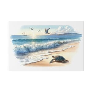Sea turtle on a beach with seagulls.