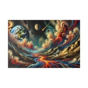 Abstract painting of Earth, moon, and comet.