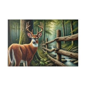 A deer stands near a wooden fence in the woods.