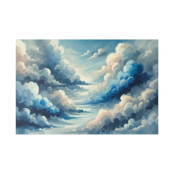 Painting of blue and white clouds in the sky.