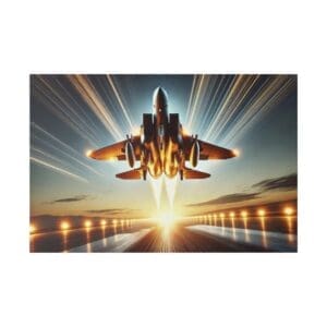 F-15 Eagle jet taking off at sunset.