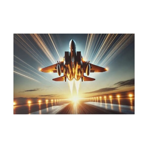 F-15 Eagle jet taking off at sunset.