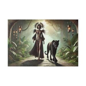 Woman in jungle with black panther.