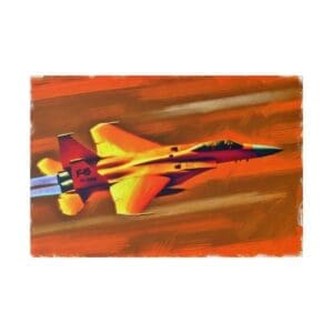 F-15 Eagle jet flying in sunset.