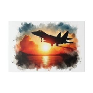 Silhouette of a fighter jet at sunset.