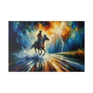 Cowboy riding horse in stormy abstract scene.