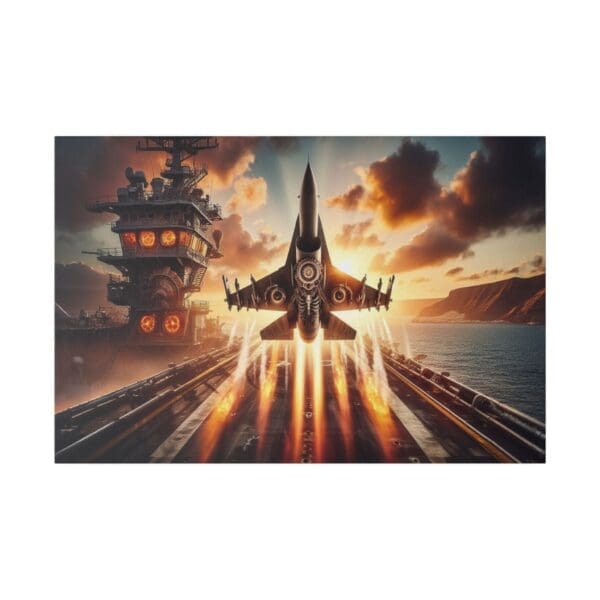 Fighter jet taking off from aircraft carrier.