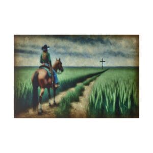 Cowgirl rides towards cross in field.
