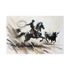 Cowboy on horseback chasing cattle.