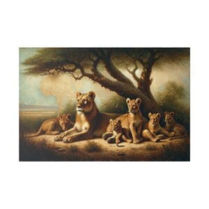 Lioness and her cubs resting under a tree.