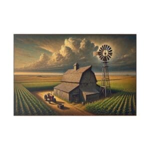 A red tractor parked by a barn and windmill.