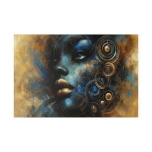 Abstract painting of a woman's face with gears.