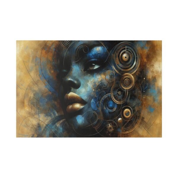 Abstract painting of a woman's face with gears.