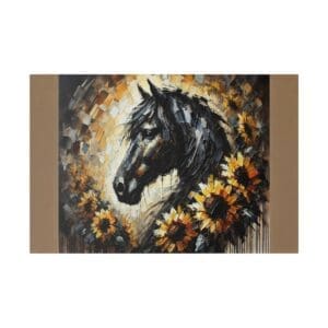 A black horse portrait with sunflowers.
