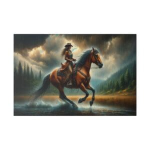 Cowgirl riding through a rainy forest.