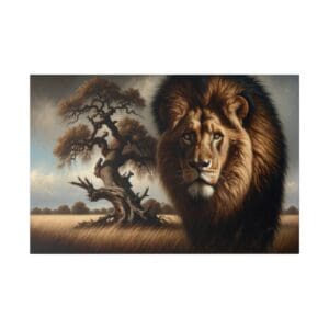 A lion with a majestic mane stares forward.