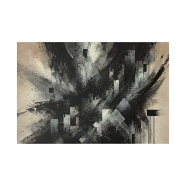 Abstract painting in black, white, and grey.