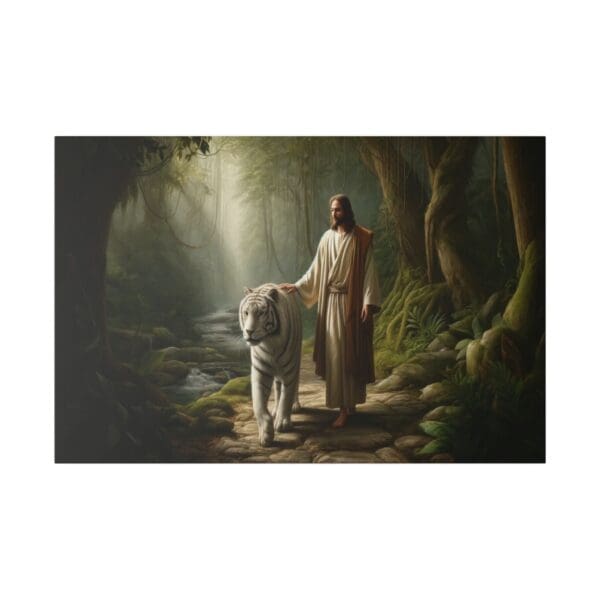 Jesus walking with a white tiger in a forest.