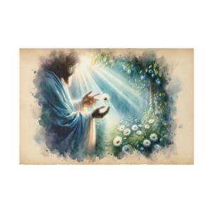 Jesus holding a flower in a garden.