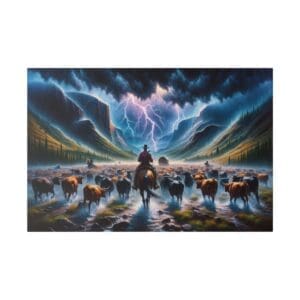 Cowboy herding cattle under stormy sky.